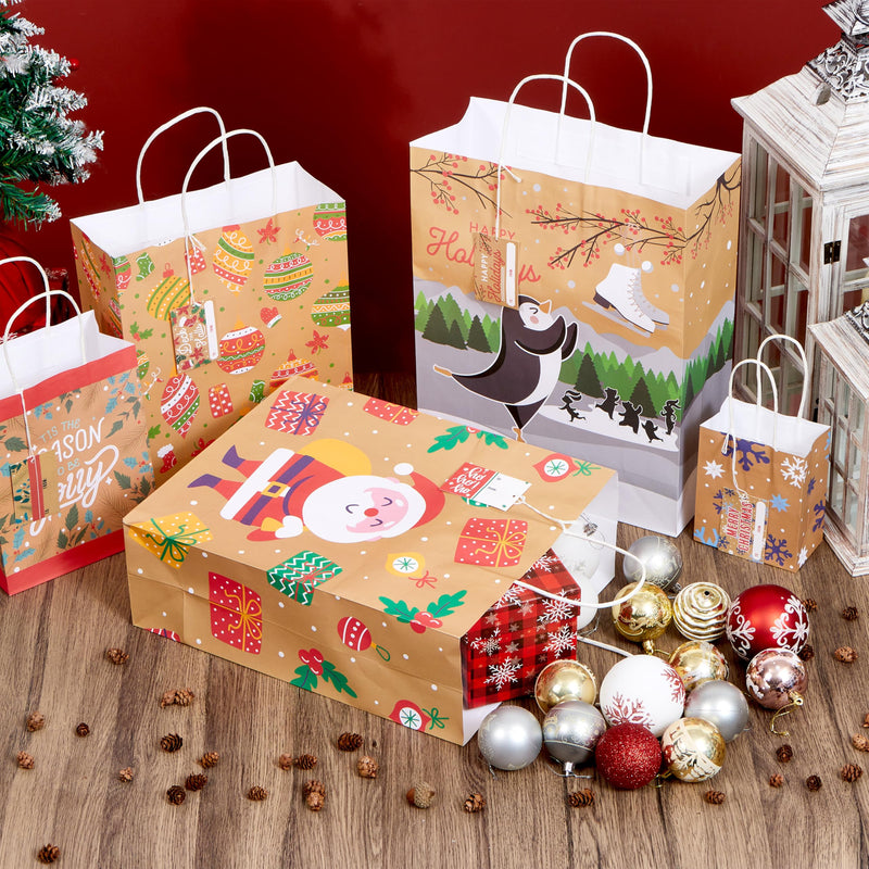 24 PCS Christmas Kraft Bag Assorted Sizes Xmas Gift Paper Bags