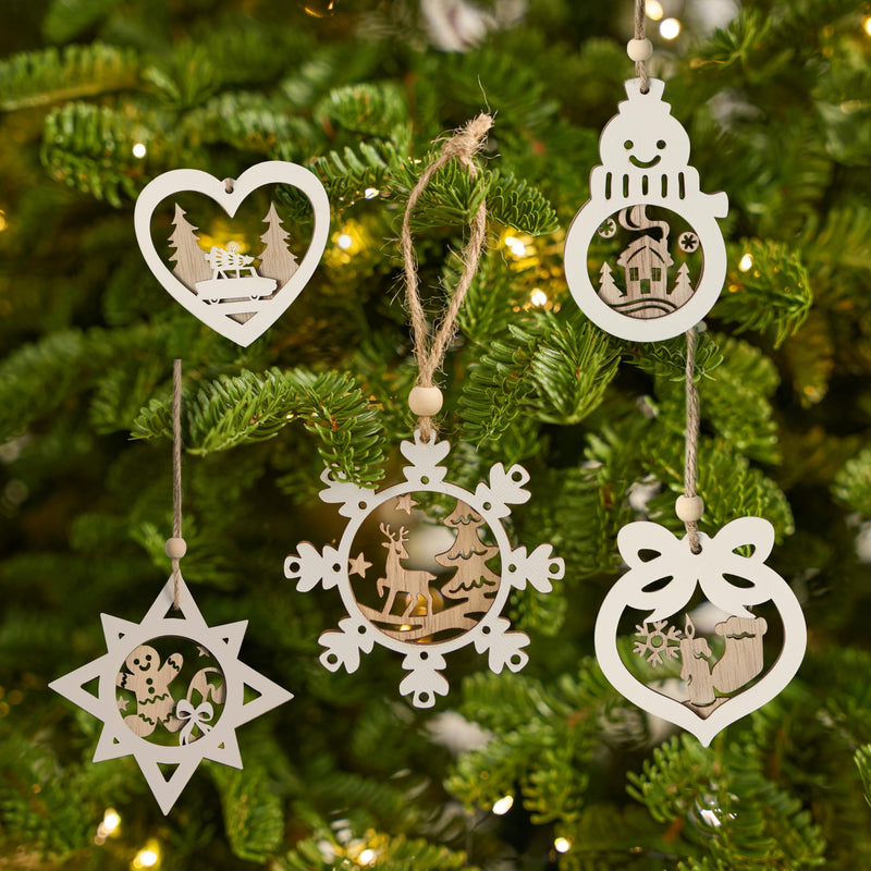 24 Pcs Christmas Wooden Carved Hanging Ornaments for Christmas Decor