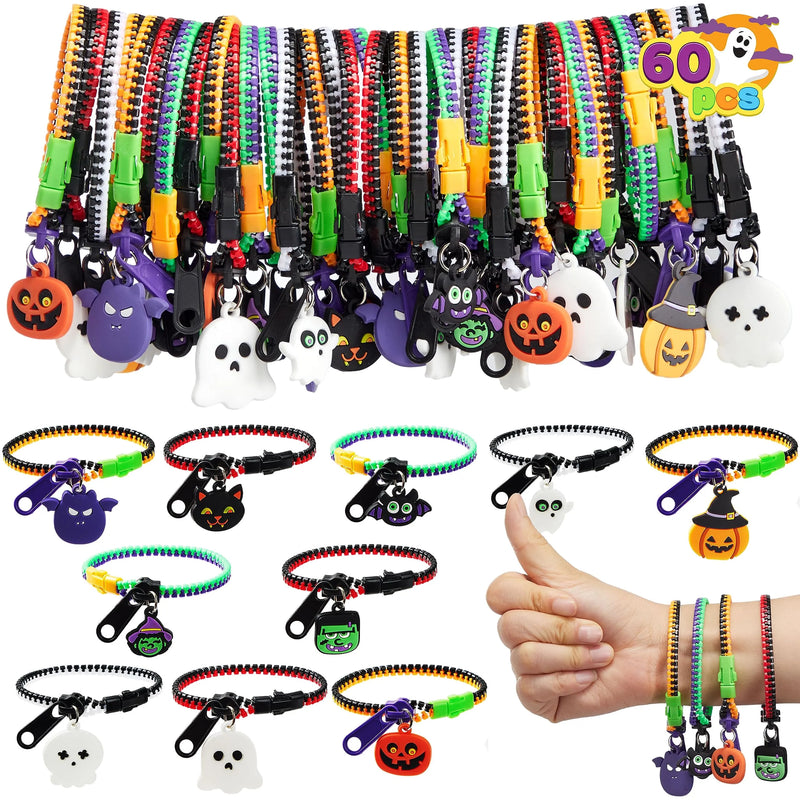 60 PCS Halloween Zipper Bracelets Bulk Set, Zipper Wristbands Party Favors for Kids