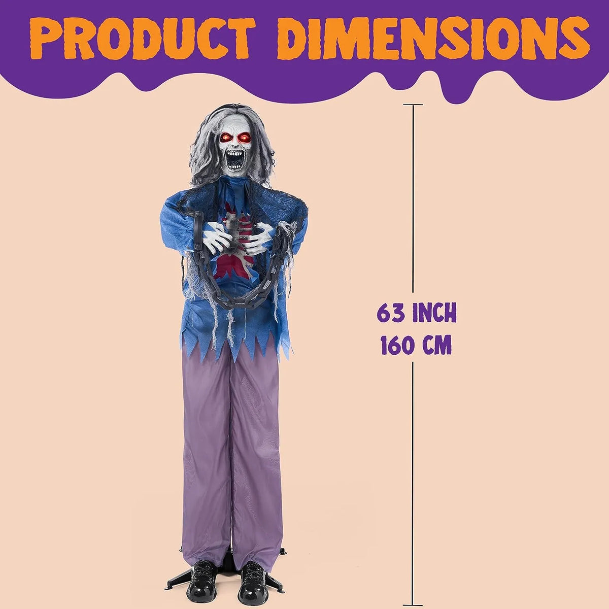 JOYIN 63in Halloween Animated Standing Zombie Decoration with Chain
