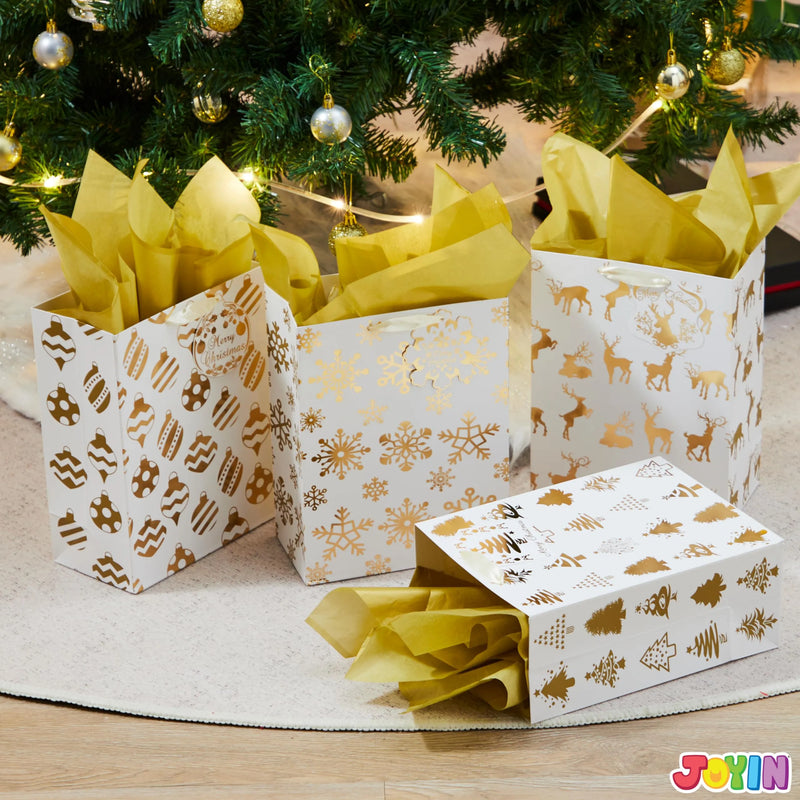 6 PCS Christmas Holiday Foil Gold Gift Bags 8in x4.5in x10.5in