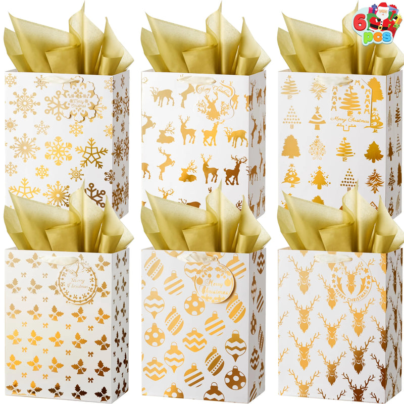 6 PCS Christmas Holiday Foil Gold Gift Bags 8in x4.5in x10.5in