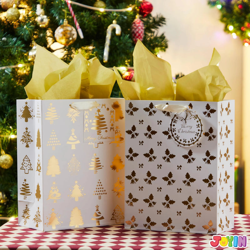 6 PCS Christmas Holiday Foil Gold Gift Bags 8in x4.5in x10.5in