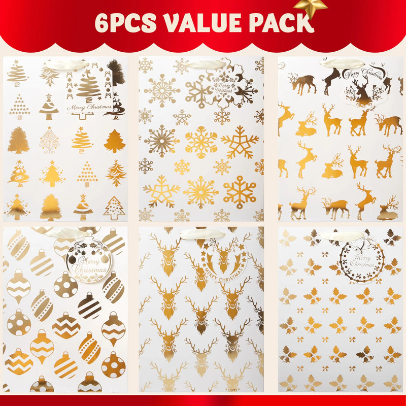 6 PCS Christmas Holiday Foil Gold Gift Bags 8in x4.5in x10.5in