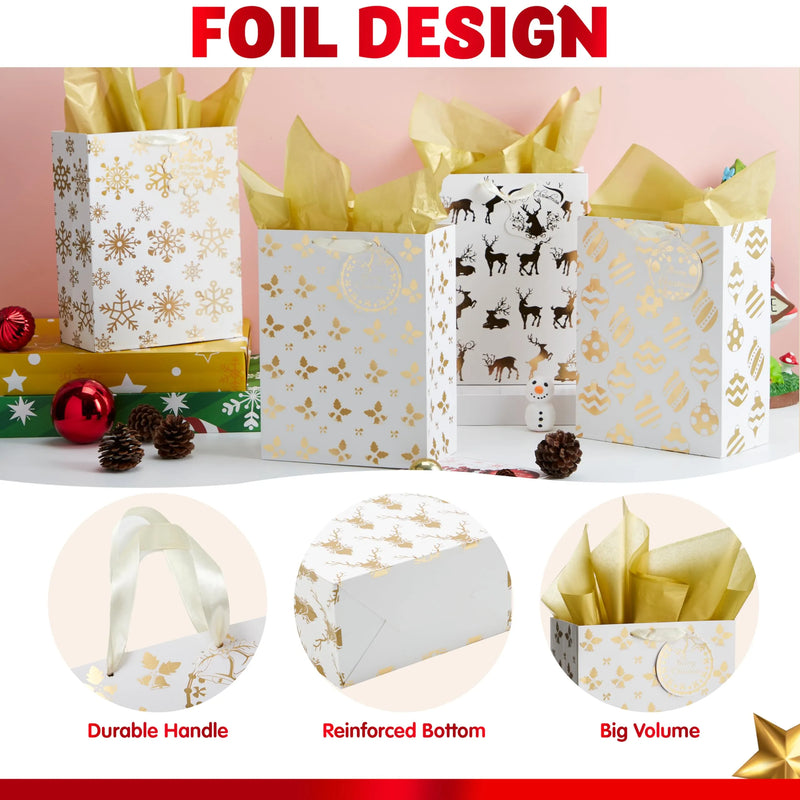 6 PCS Christmas Holiday Foil Gold Gift Bags 8in x4.5in x10.5in