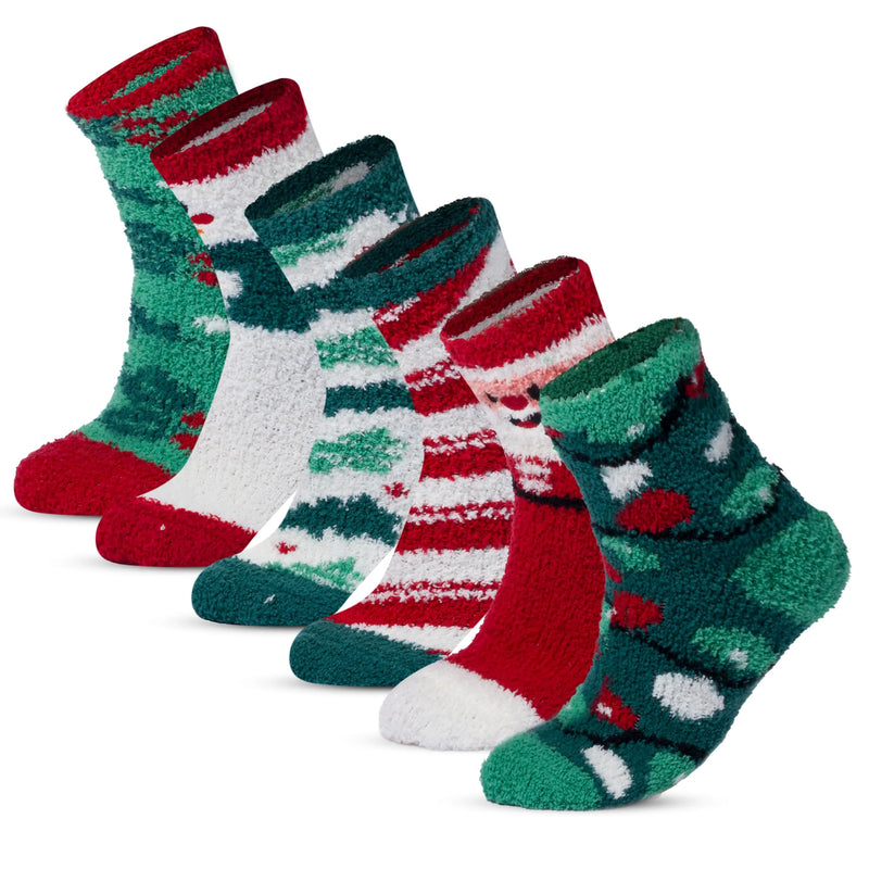 6 Packs Women Fuzzy Slipper Socks, Warm Christmas Fleece Crew Socks