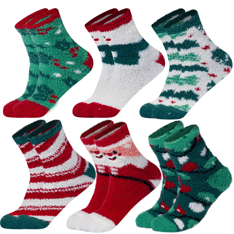 6 Packs Women Fuzzy Slipper Socks, Warm Christmas Fleece Crew Socks