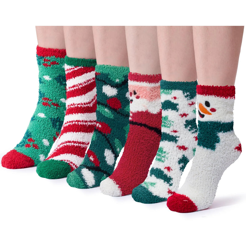 6 Packs Women Fuzzy Slipper Socks, Warm Christmas Fleece Crew Socks