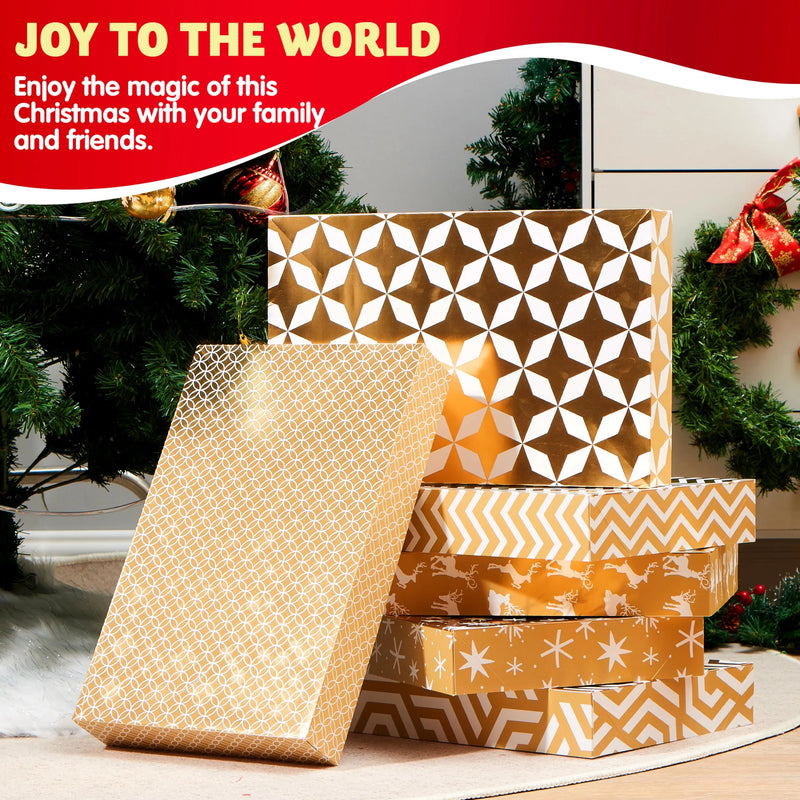 6Pcs Christmas Boxes, Foil Golden Patterned Shirt Wrap Boxes 17in x 11in x 2.5in