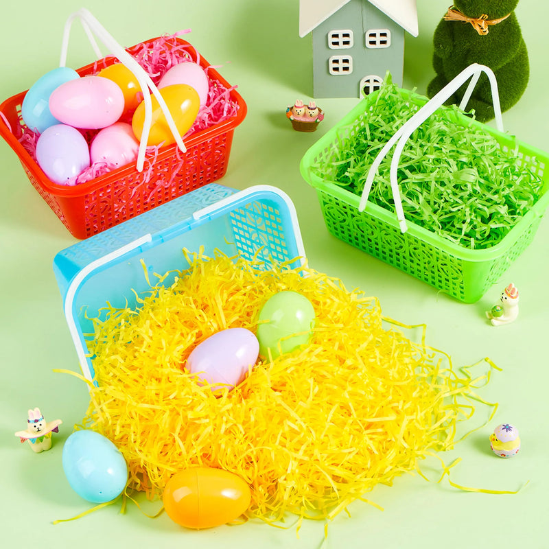 6Pcs Easter Plastic Baskets with Tricolor Easter Fake Grass Paper Shred
