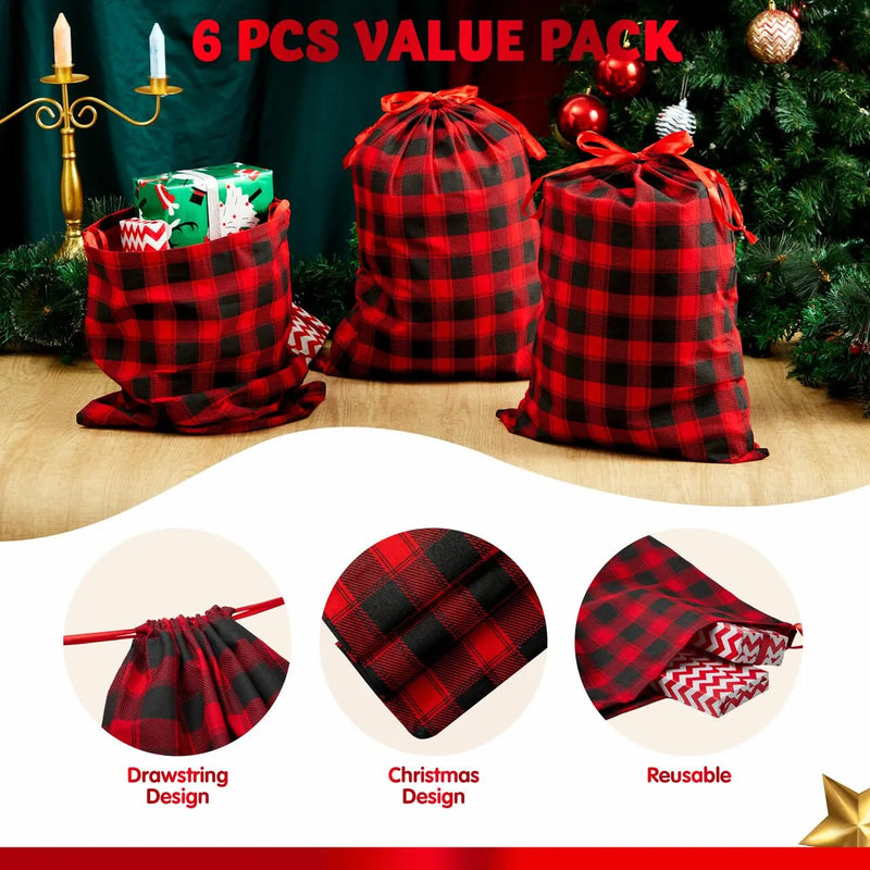 6Pcs Reusable Christmas Fabric Drawstring Gift Bags 19in x 14.5in