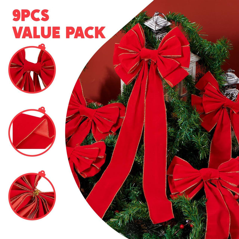 9PCS Big Red Velvet Christmas Bows