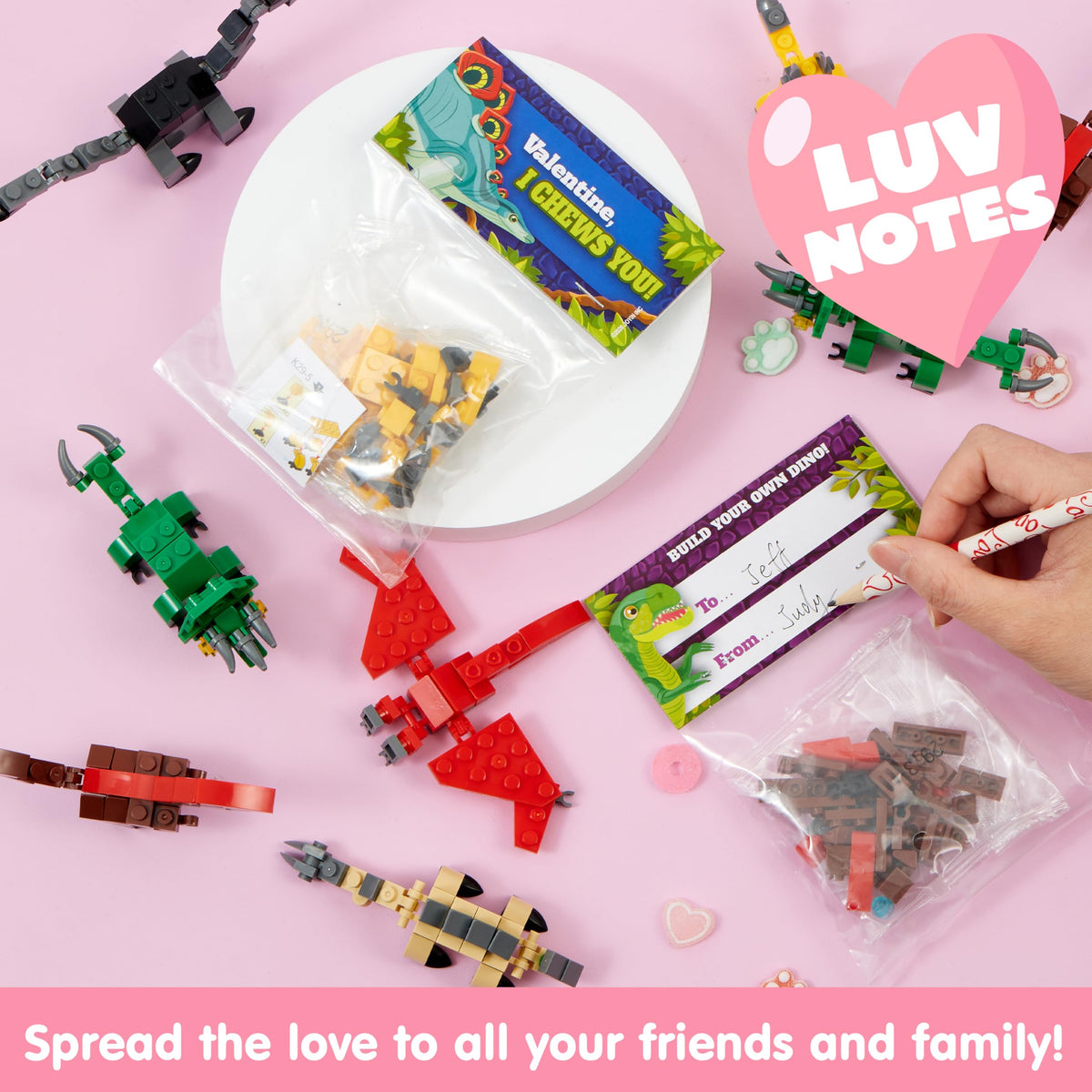 24 Packs Valentines Day Cards with Dinosaur Building Blocks for