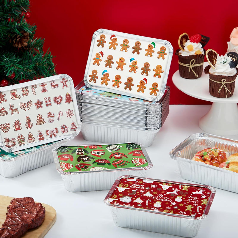 48 Pieces Christmas Foil Containers with Lids (8.5"x6"x2" Rectangular)
