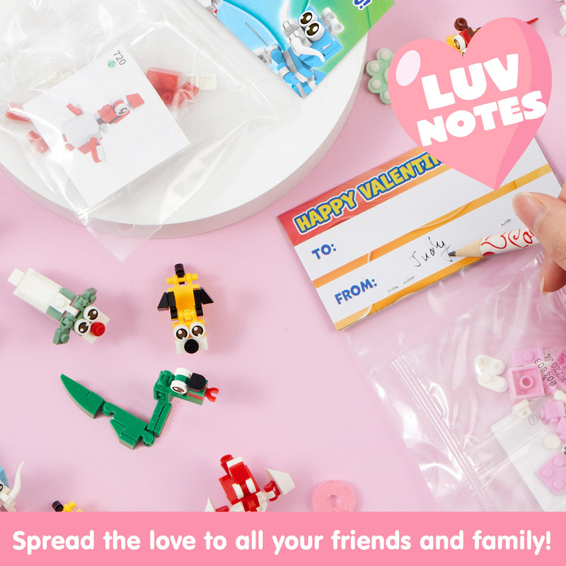 24 Packs Valentines Day Gift Cards with Animal Building Blocks for Party Favor Toy