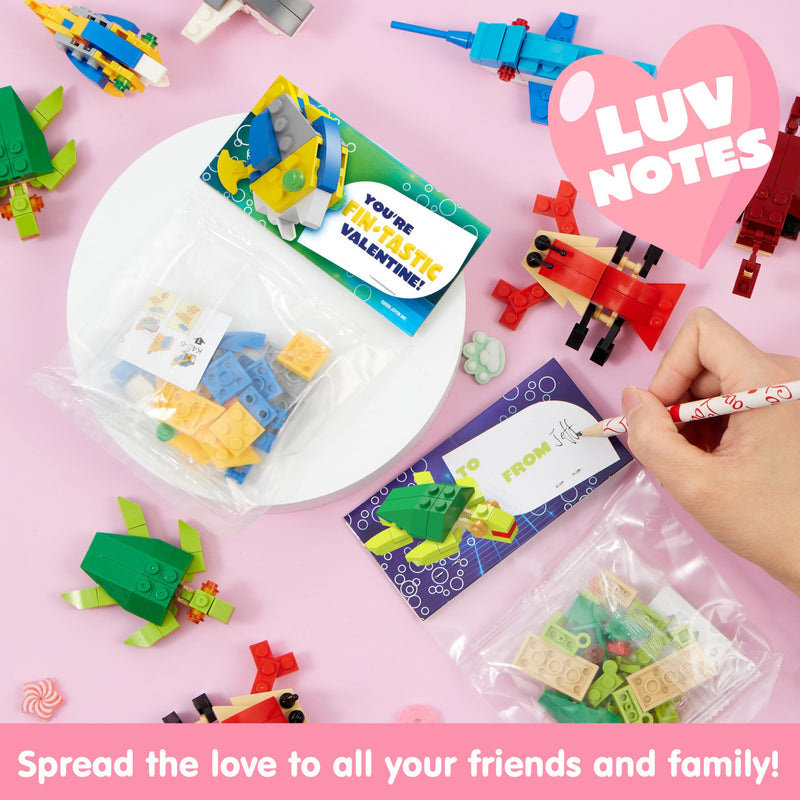 24 Packs Valentines Day Cards with Sea Animal Building Blocks for Gifts Party Favor