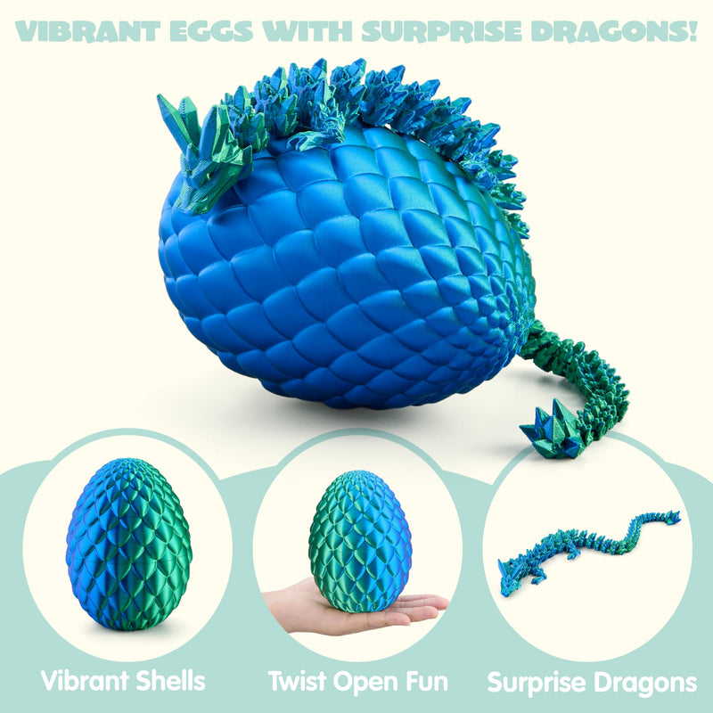 3D Printed Dragon Eggs with 12" Laser Blue-Green Dragon Inside