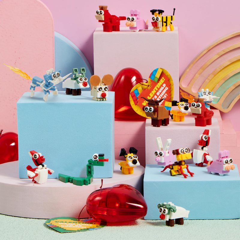 26pcs Building Blocks Animals Prefilled Hearts with Kids Valentines Cards