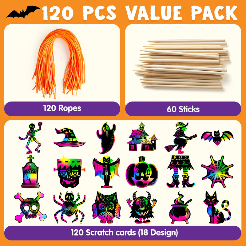 120 Pcs Halloween Rainbow Scratch Art Crafts for Kid