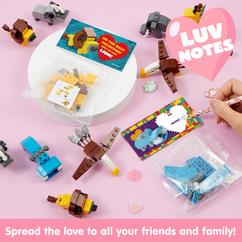 24 Packs Valentines Day Cards with Safari Animal Building Blocks for Gifts Party Favor