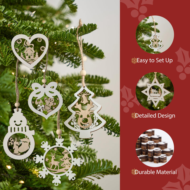 24 Pcs Christmas Wooden Carved Hanging Ornaments for Christmas Decor