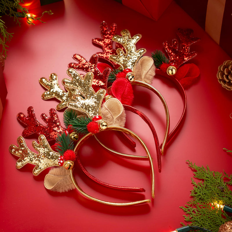2 Pcs Golden & Red Reindeer Headbands with Glitters