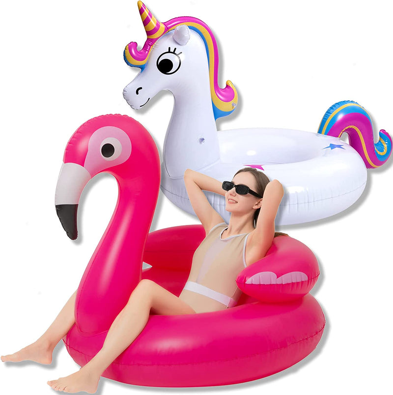 SLOOSH - inflatable ride a unicorn costume & Flamingo Pool Float, 2 Pack
