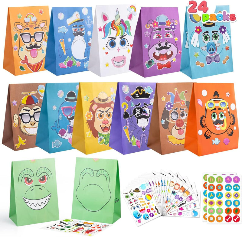 24 Pcs Animal Goodie Bags with Make a Face Stickers