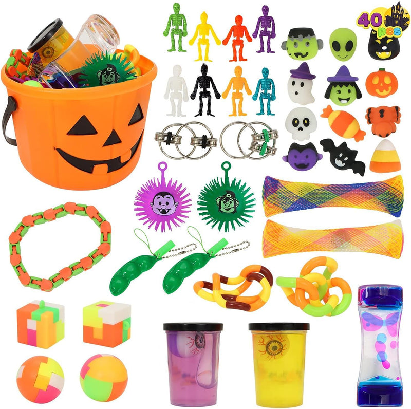 40 Pcs Halloween Stress Relief Toys Set, Pumpkin Bucket