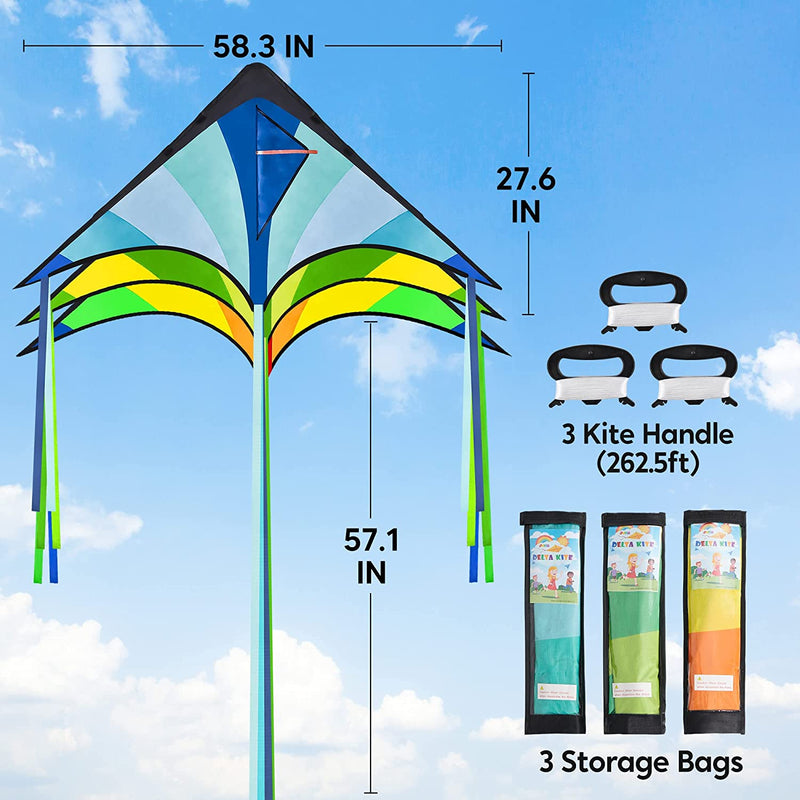 3Pcs Big Delta Kite (Green & Blue & Rainbow) with 262.5ft Kite String