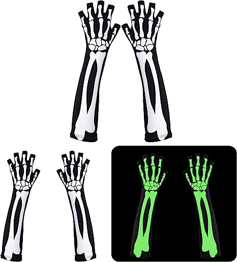 Halloween Fingerless Skeleton Glow in the Dark Gloves, 3 Pairs