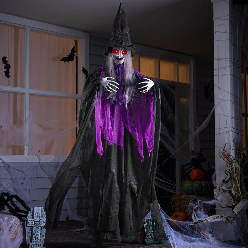 72in Halloween Animated Hanging Talking Purple Witch with Light-up Eyes, Creepy Sound