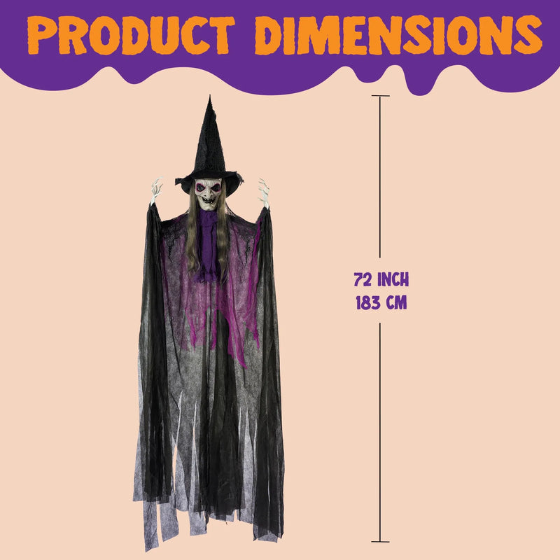 72in Halloween Animated Hanging Talking Purple Witch with Light-up Eyes, Creepy Sound