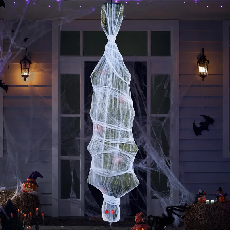 72in Halloween Hanging Animated Cocoon Corpse with Animatronic Sound and Light-up Eyes