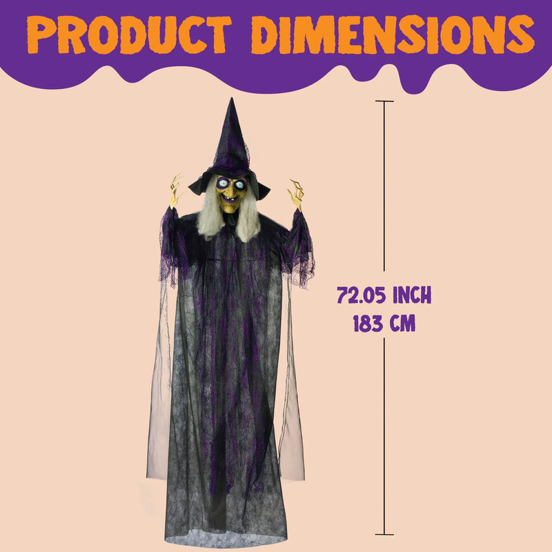 72in Halloween Hanging Witch with Light-Up Eyes & Creepy Sound