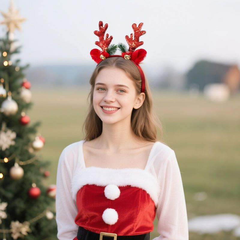 2 Pcs Golden & Red Reindeer Headbands with Glitters