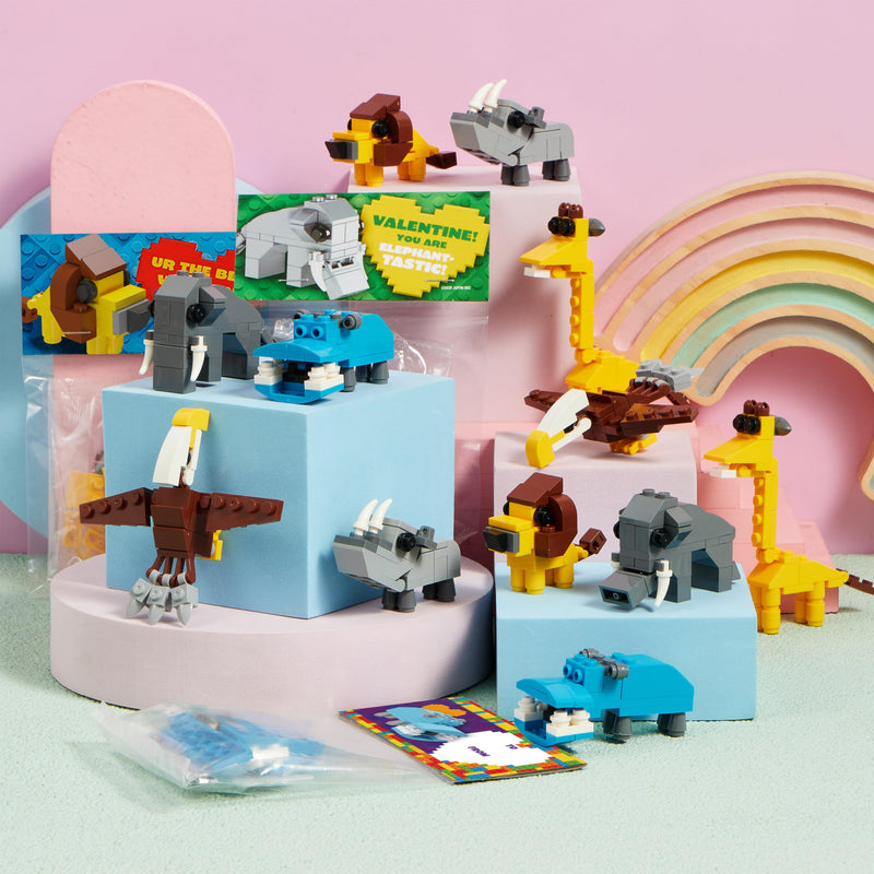24 Packs Valentines Day Cards with Safari Animal Building Blocks for Gifts Party Favor