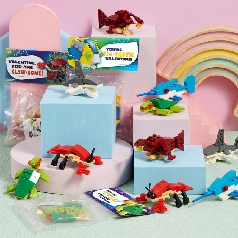 24 Packs Valentines Day Cards with Sea Animal Building Blocks for Gifts Party Favor