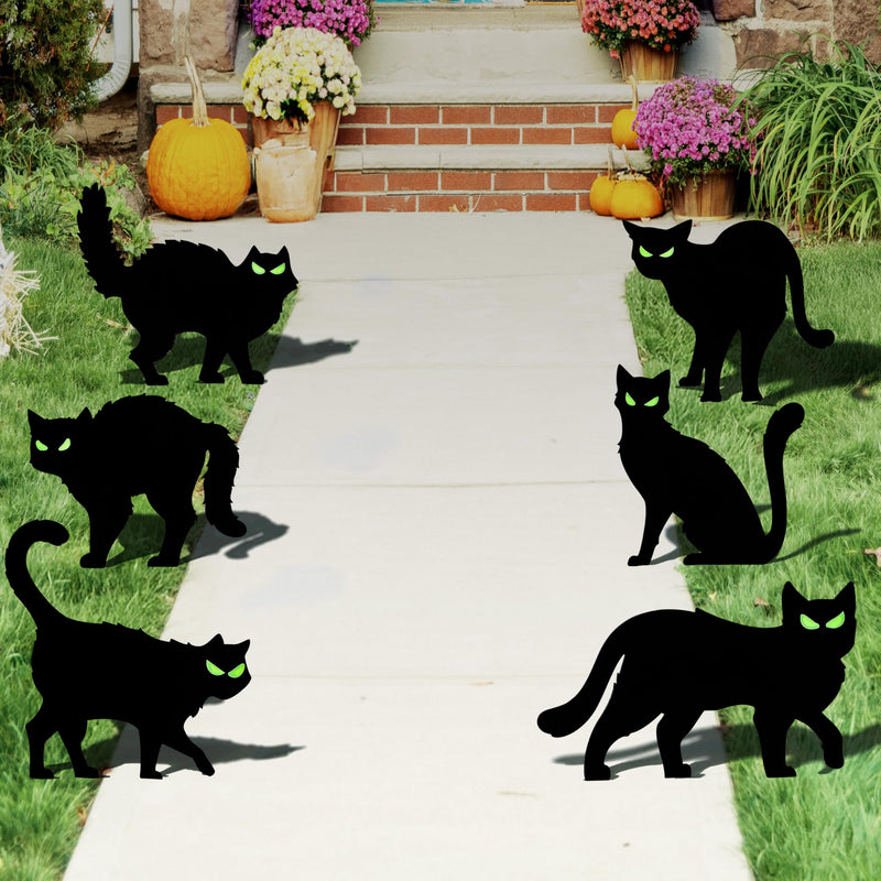 6 Pcs Halloween Black Cat Yard Signs with Glow in Dark Eyes