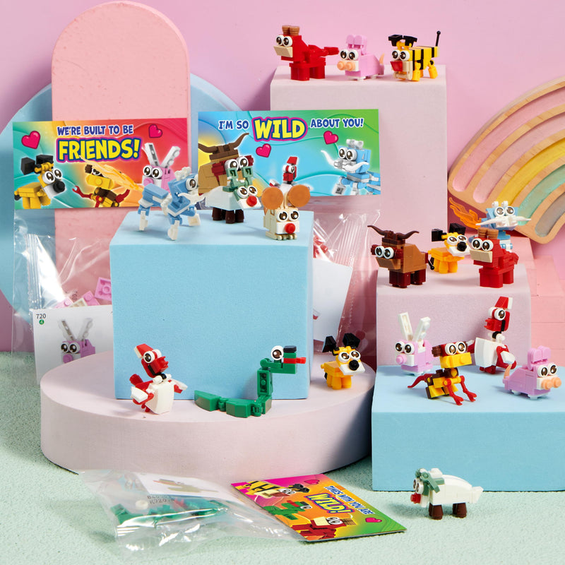 24 Packs Valentines Day Gift Cards with Animal Building Blocks for Party Favor Toy