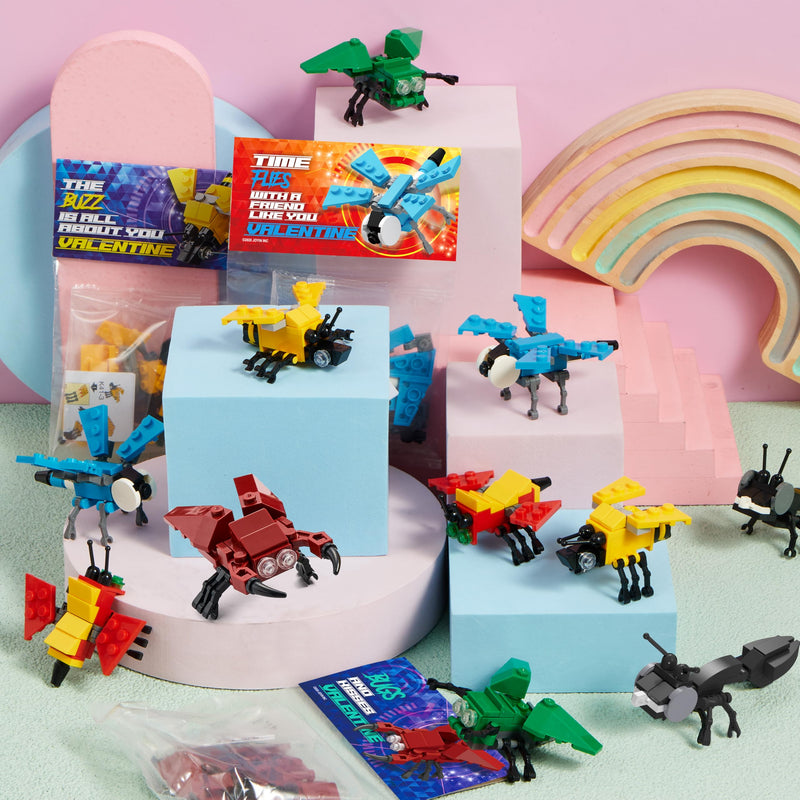 24 Packs Valentines Day Cards with Animal Building Blocks for Gifts Party Favor