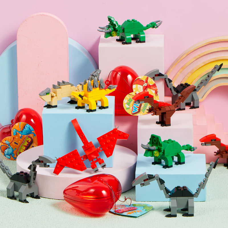 24 Packs Valentines Day Cards with Dinosaur Building Blocks Filled Hearts for Party Favor