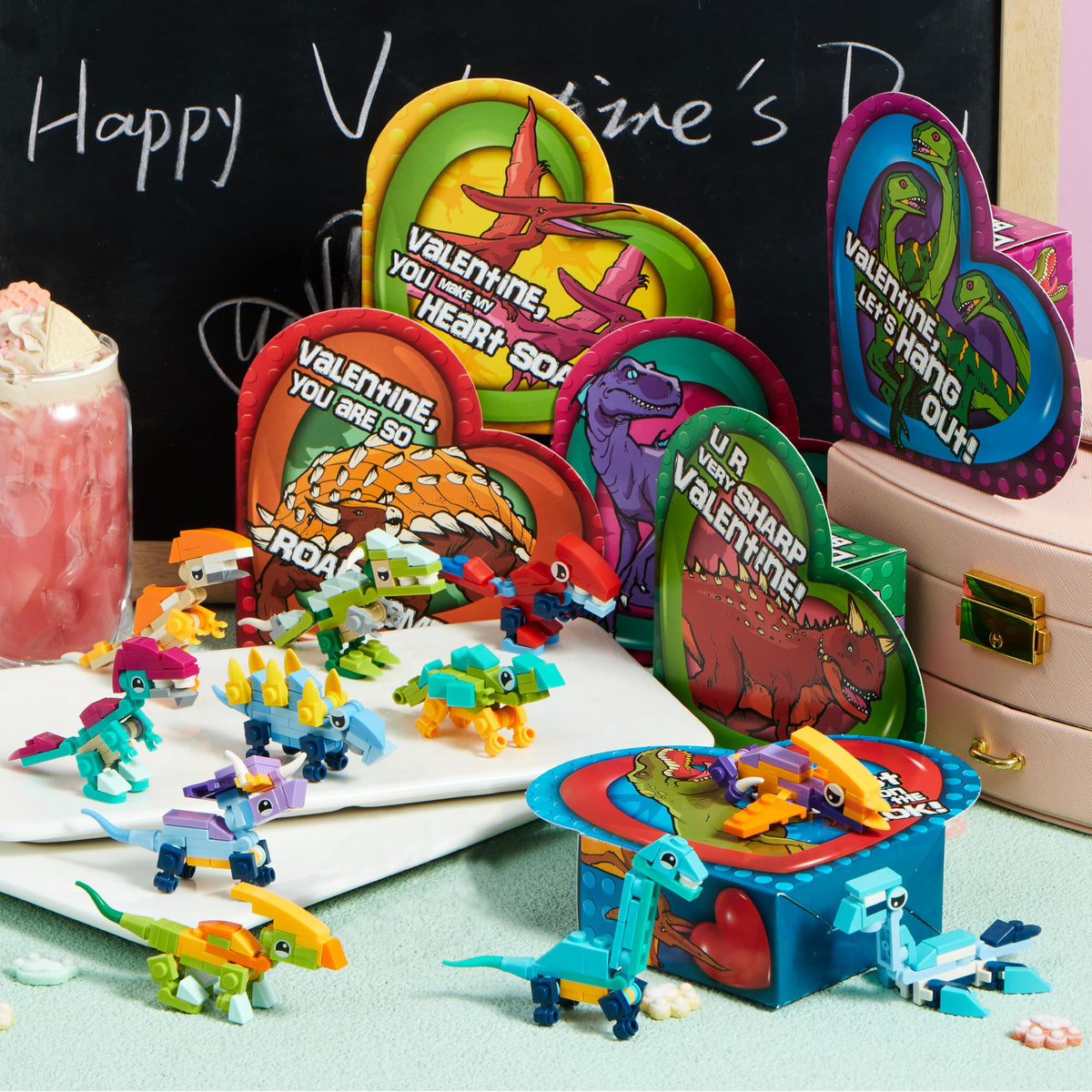 JOYIN 12 Packs Valentines Dinosaur Building Blocks Toys with Heart