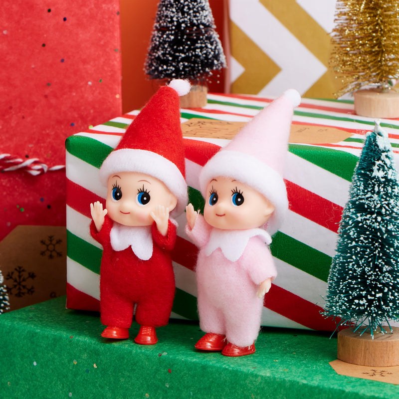 2PCS Christmas Tiny Elf Plush Doll, Red Pink