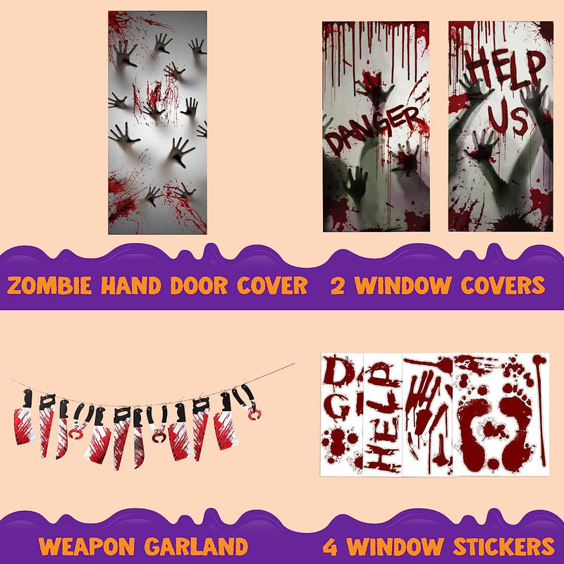 Zombie Hand Door Cover+2 Window Covers+Weapon Garland+Window Stickers