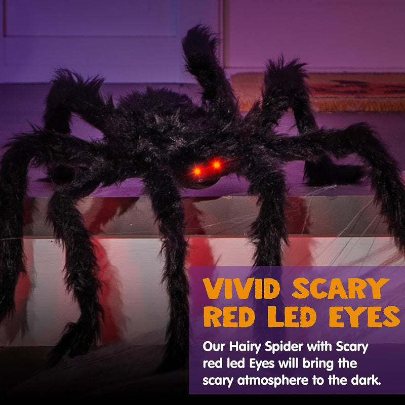 6.5ft Led Eyes Hairy Black Giant Spider For Halloween Indoor Outdoor Decorations