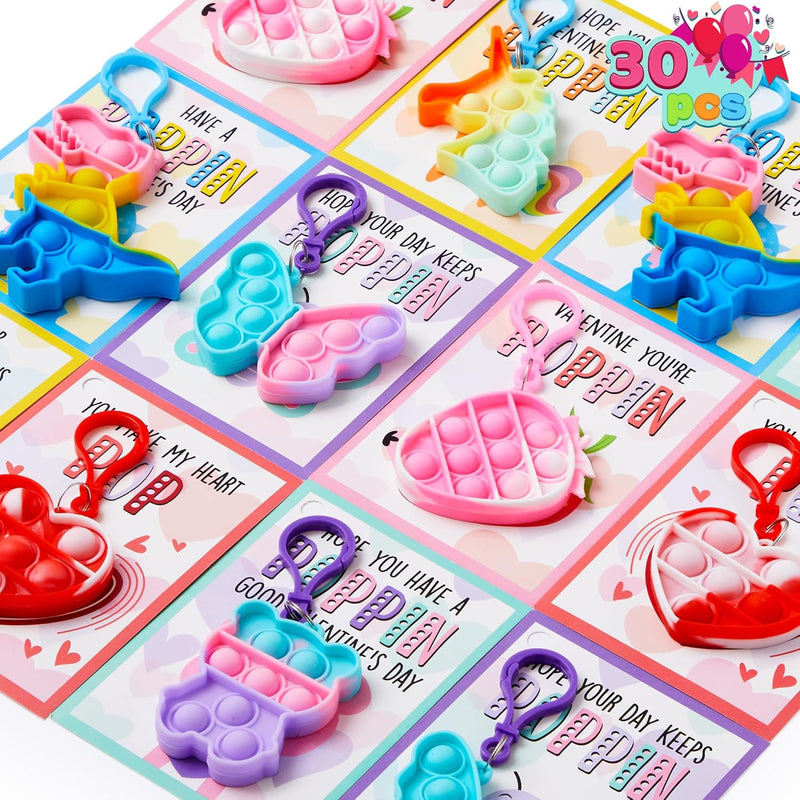 JOYIN 30 Packs Valentine's Day Cards with Pop Fidget Keychain Toys