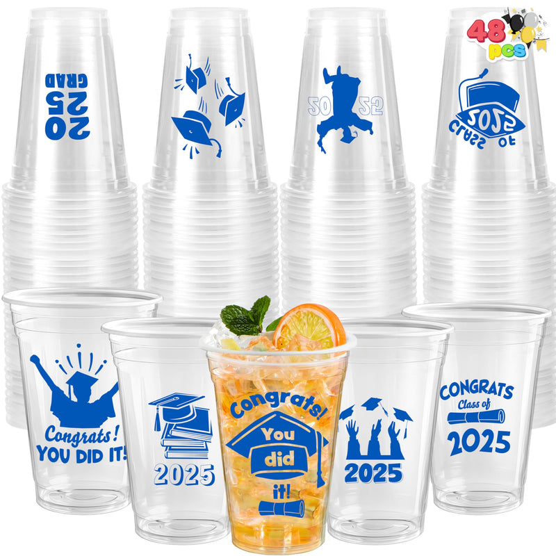 JOYIN 48 Pcs Blue Graduation Cups Party decorations, 16 Oz Disposable Plastic Cups Class of 2025 with 24 Fun Designs, Grad Decor Party Supplies for College & High School Celebrations