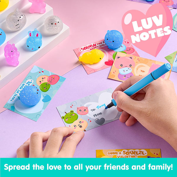 28Pcs Mochi Squishy Toys with Glow-in-The-Dark Kids Valentines Exchange Cards