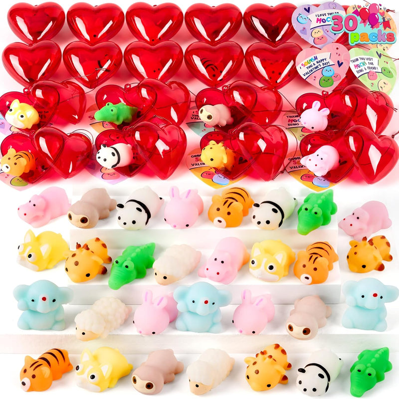 JOYIN 30 Packs Valentine’s Day Heart Gift Cards with Mix Critter Mochi Squishy Toys and Heart Shells